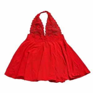 90s/Y2K European Vintage René Rofé Mesh/Lace Halter Babydoll Lingerie Slip Red M